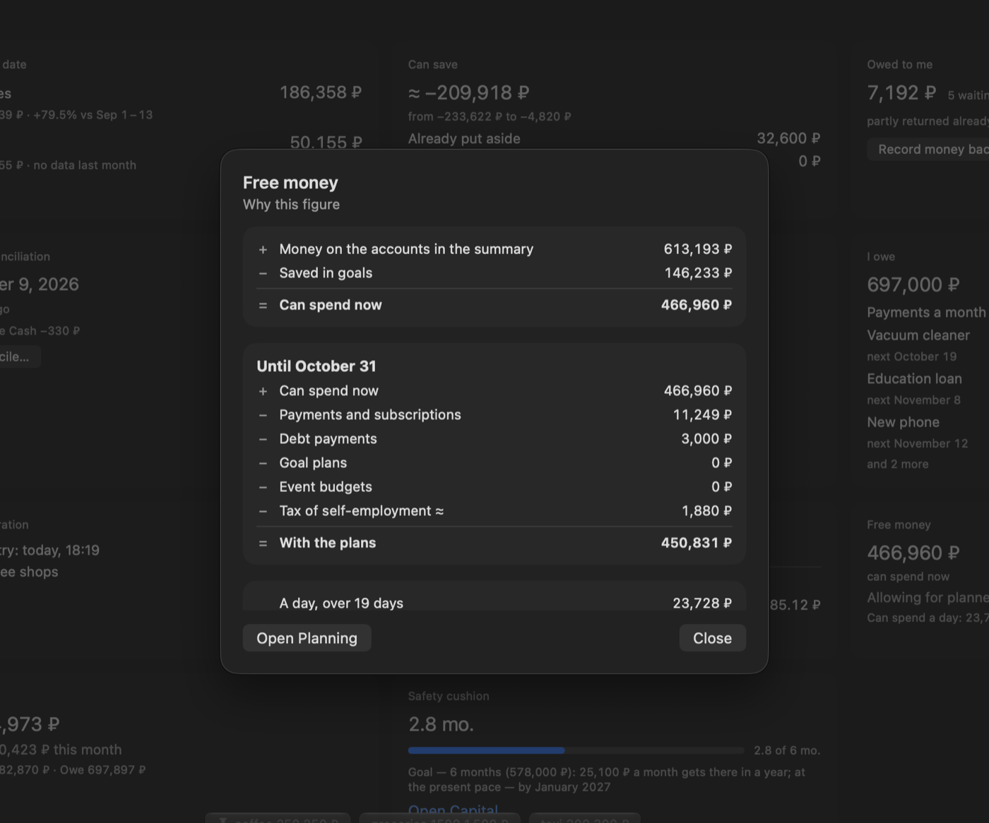 The calculation of the Free money tile, line by line