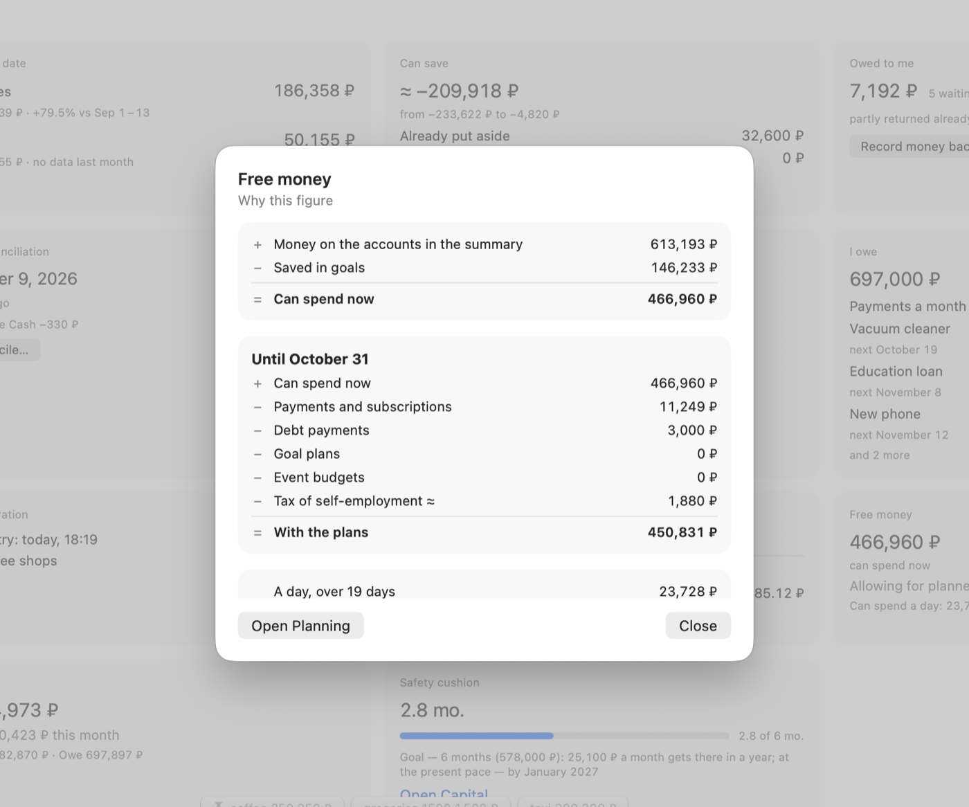 The calculation of the Free money tile, line by line